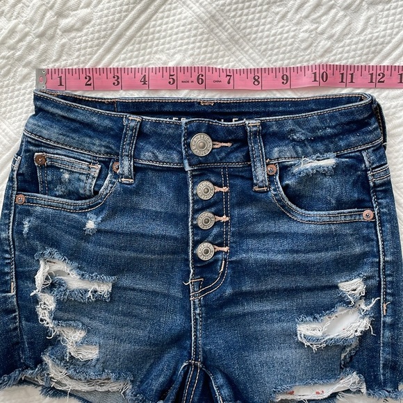 American Eagle Hi-Rise Shortie Shorts Floral Distressed Button Fly Dark Wash 0 - Picture 10 of 12